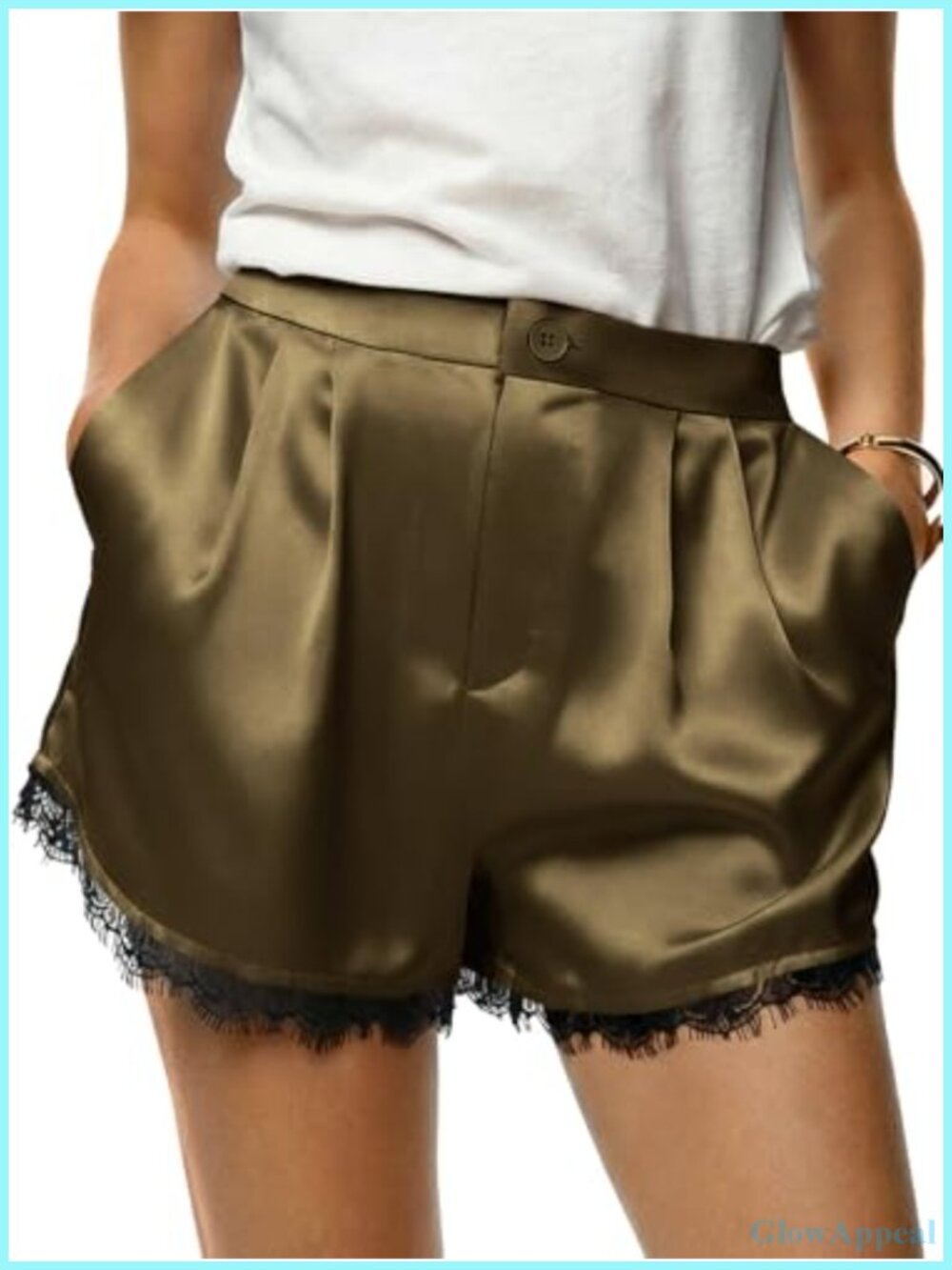 Satin Silk Lounge Shorts High Waist Lace Pockets
